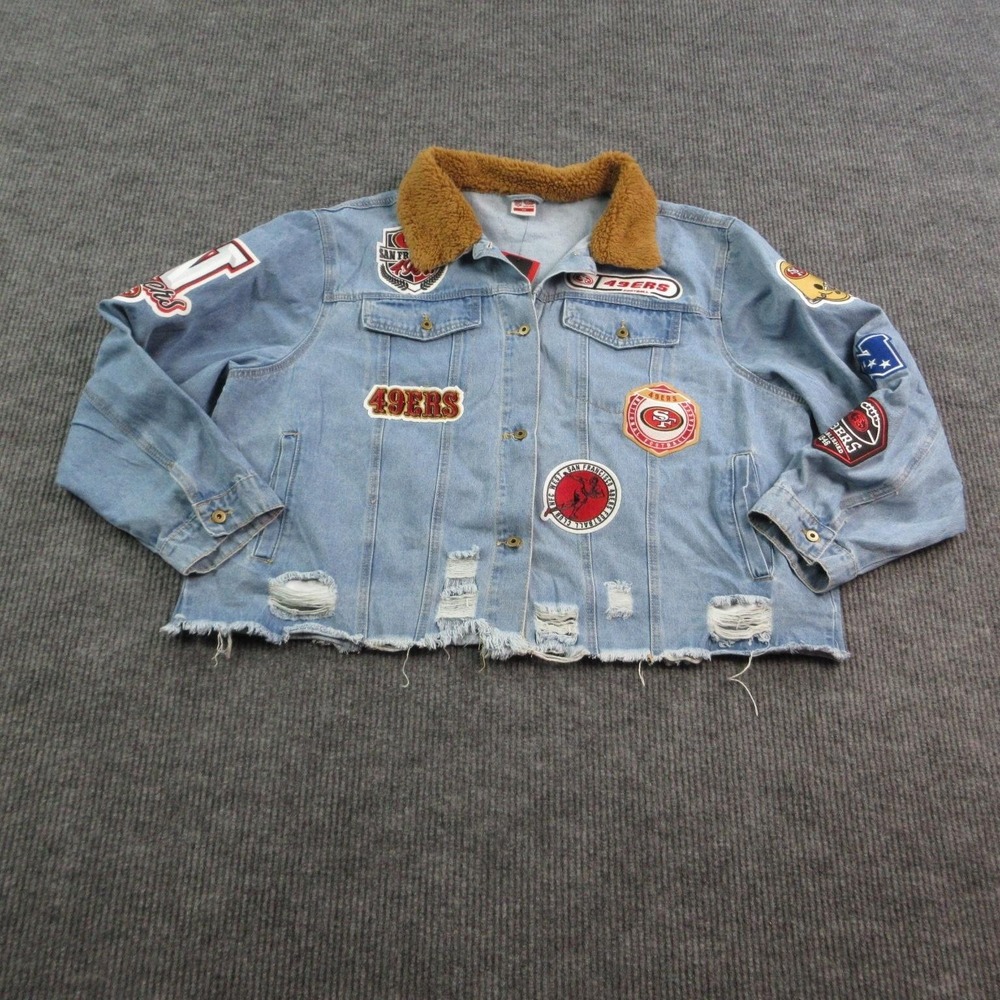 NFL Team Apparel Jacket Womens 3X Blue Denim Varsity Collared Patches 49ers NWT